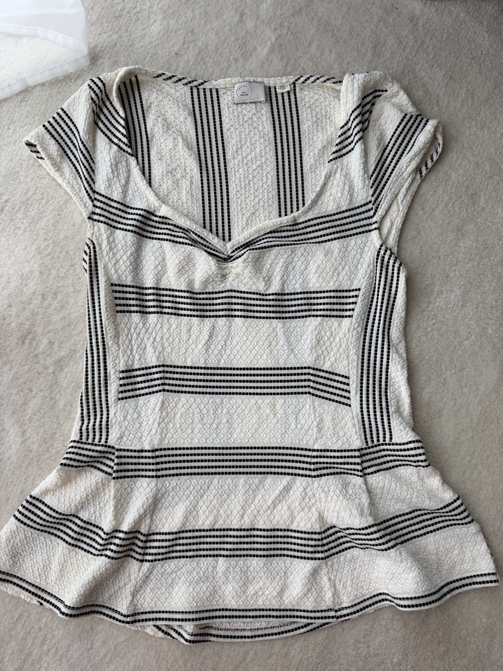 Anthropologie White and Black Striped Peplum Top Blouse